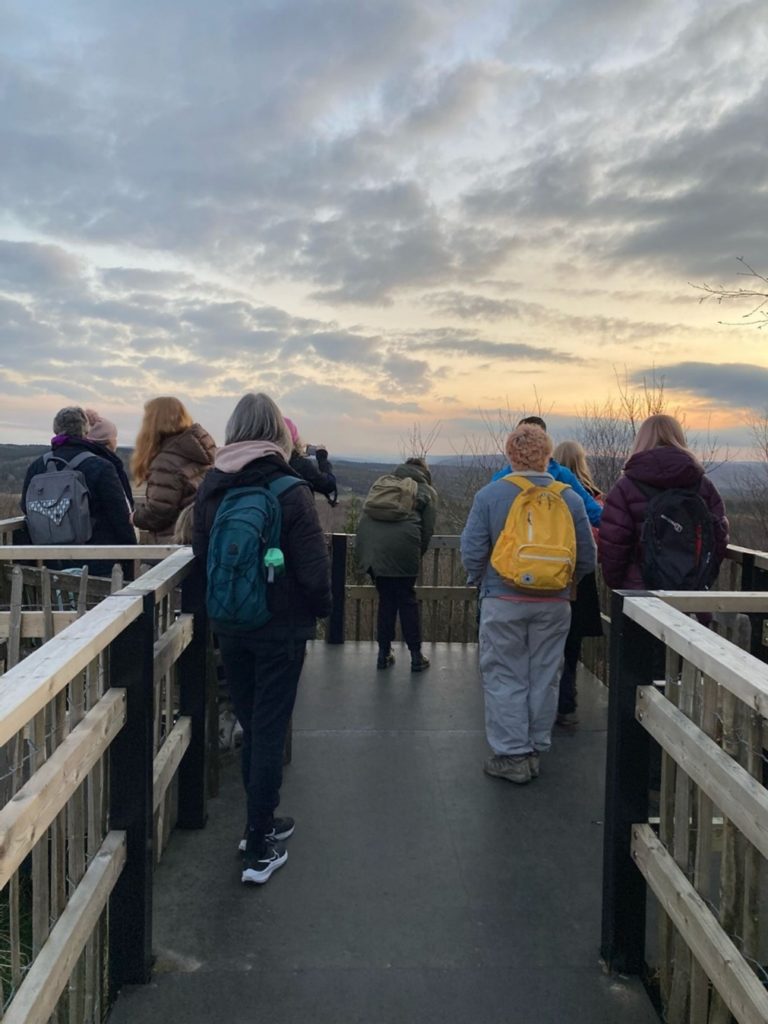 Exterior, several people stand in front of a beautiful sunset view, for “Taking Steps Toward Better Wellbeing”