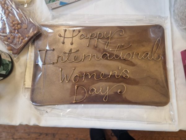 A huge chocolate bar reading Happy International Women’s Day, for “Thank You to York’s Sweetest Supporter”