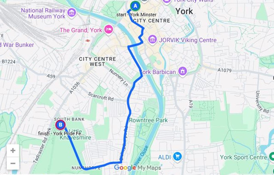 A map of York showing a route south from the city centre to the Knavesmire, for "Kyra at York Pride 2026"